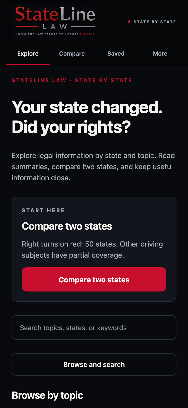 Explore StateLine. The current homepage, with the original branding and navigation. StateLine Law beta screenshot.